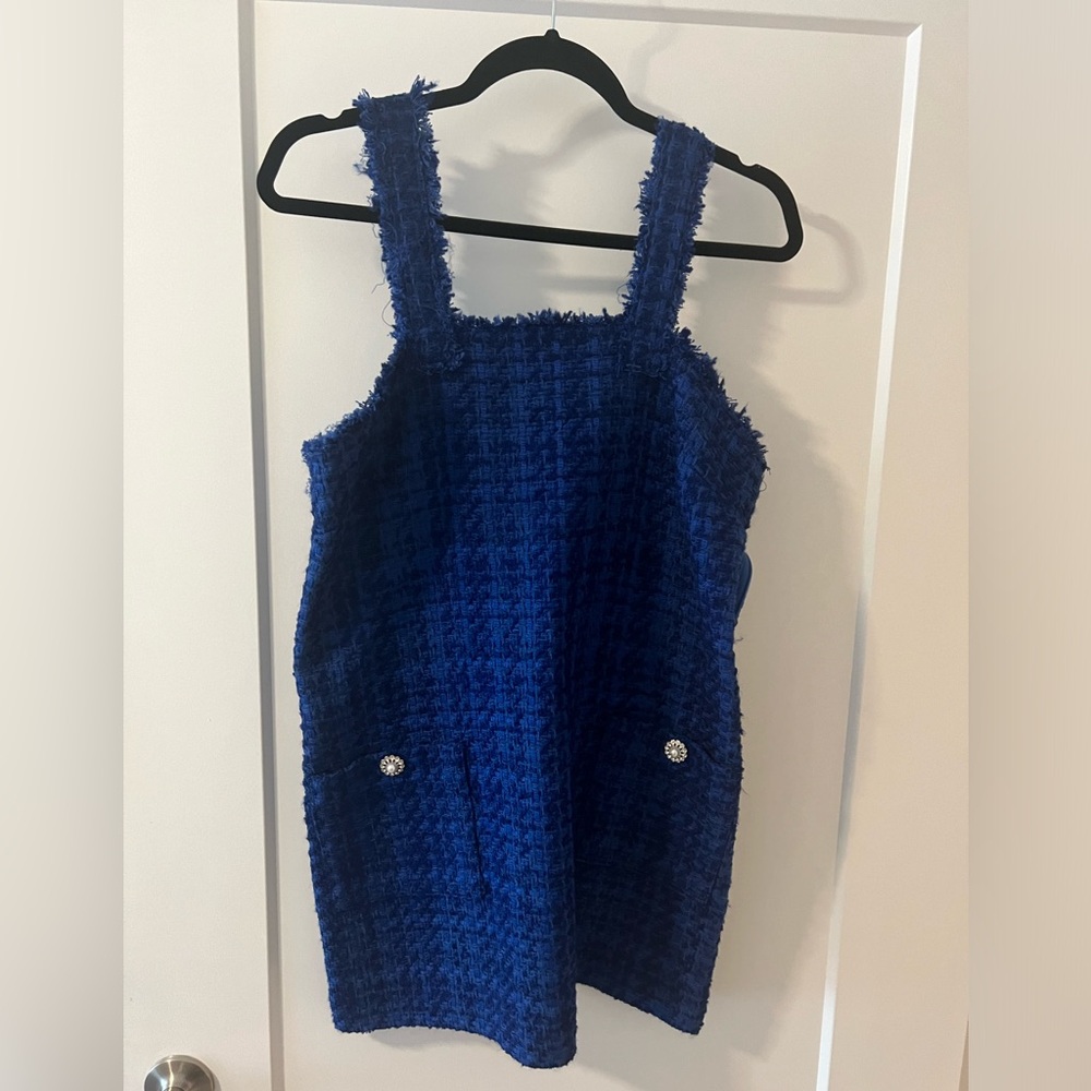 Zara Royal Blue Tweed Mini Dress with Crystal Buttons